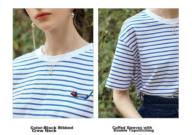 Olrain Blue and White Striped Short Sleeve T-Shirt Summer New Fashion Youthful Top Blue and White Stripes XL 5