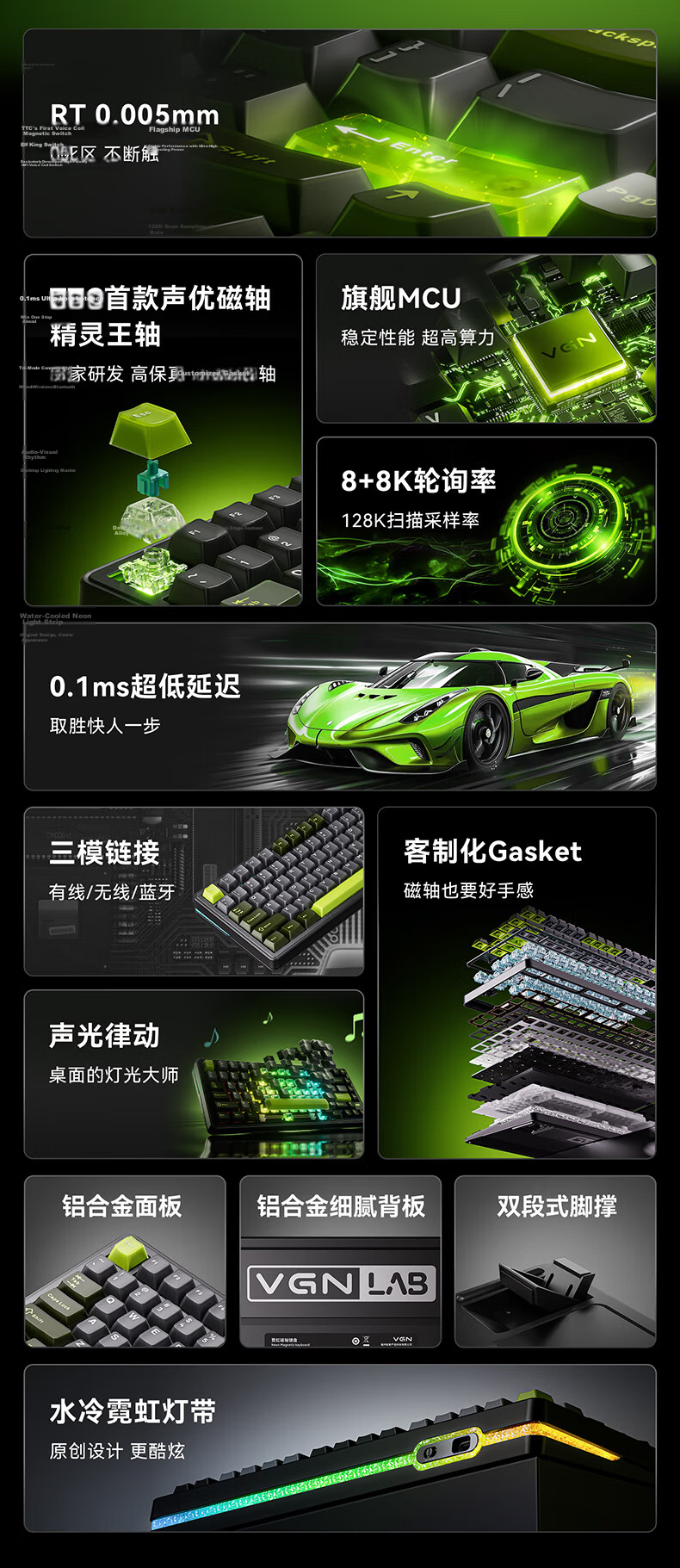 VGN Neon Ultra Gaming Edition Tri-Mode Wireless Magnetic Axis Keyboard RT Esports Custom Mechanical Hot-Swappable Web-Driven Shenqi Switch Tri-Mode Rose Red Mist Transparent 2