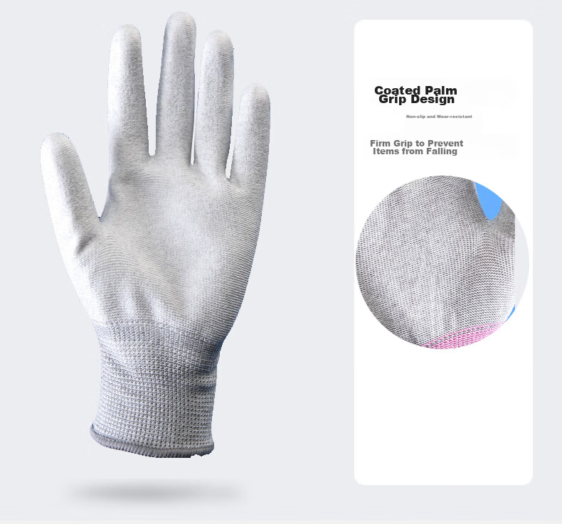 Caiyile Carbon Fiber PU Coated Anti-Static Work Gloves Gray Size L 10 Pairs/Pack 03054 11