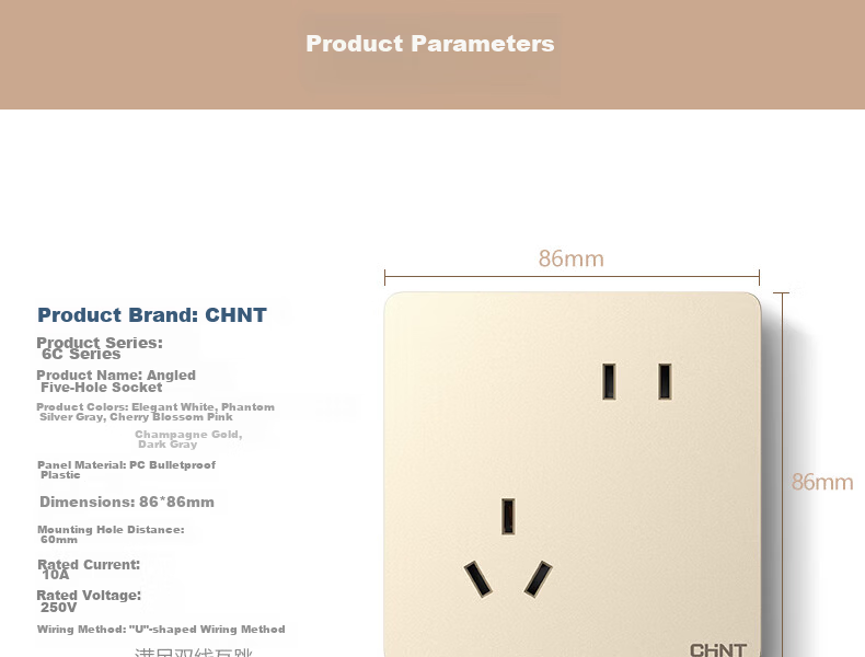 CHNT Switch Socket NEW6-C11102 Five-Hole Socket 6C Champagne Gold 10-Pack Socket Set 38