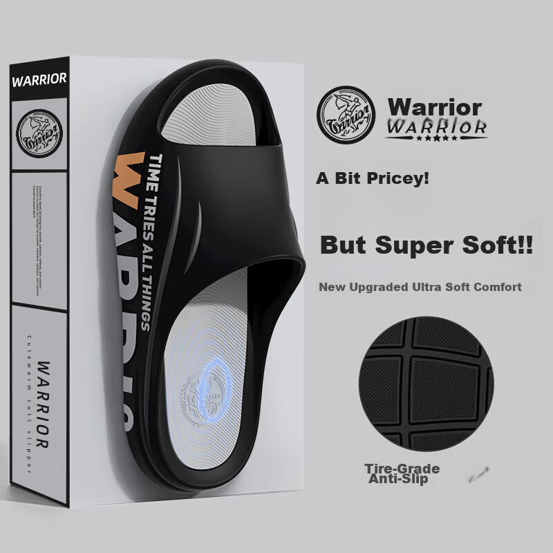 Warrior Men's Summer Thick-Soled Non-Slip Bathroom Slippers, Outdoor Soft Sole Durable Beach Sandals, Black Gray Size 44-45