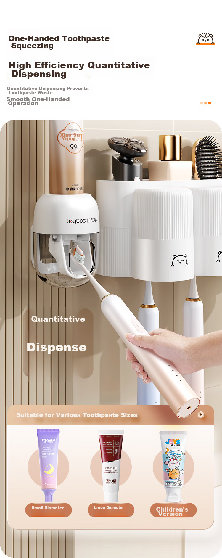 Jiabangshou Toothbrush Holder Wall-Mounted Bathroom Storage Rack with Squeeze Tube for 4 Cups And Mouthwash Cup, No Drilling Required 7