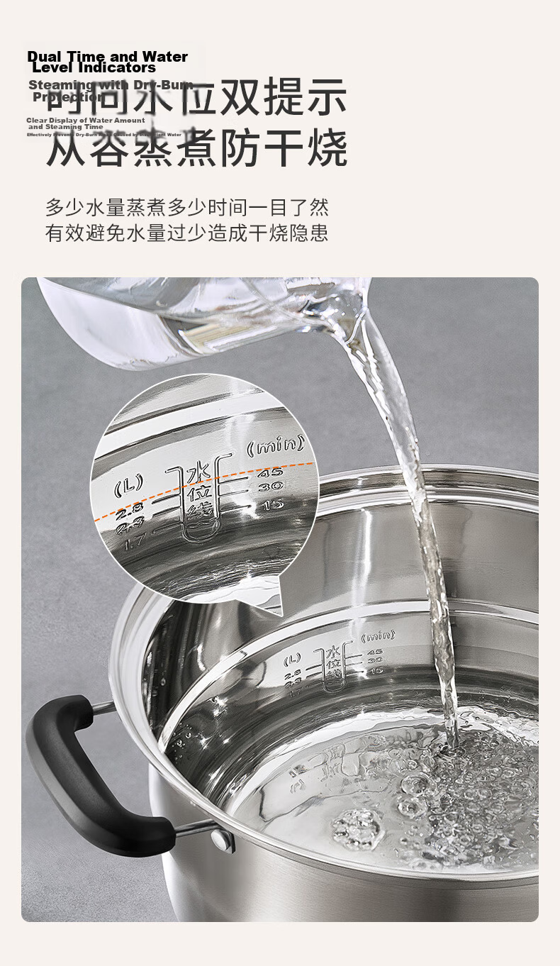 Joyoung 3-Tier 30cm Stainless Steel Steamer with Composite Bottom and High Dome Lid, Compatible with Stovetops, Suitable for Steaming Buns 7