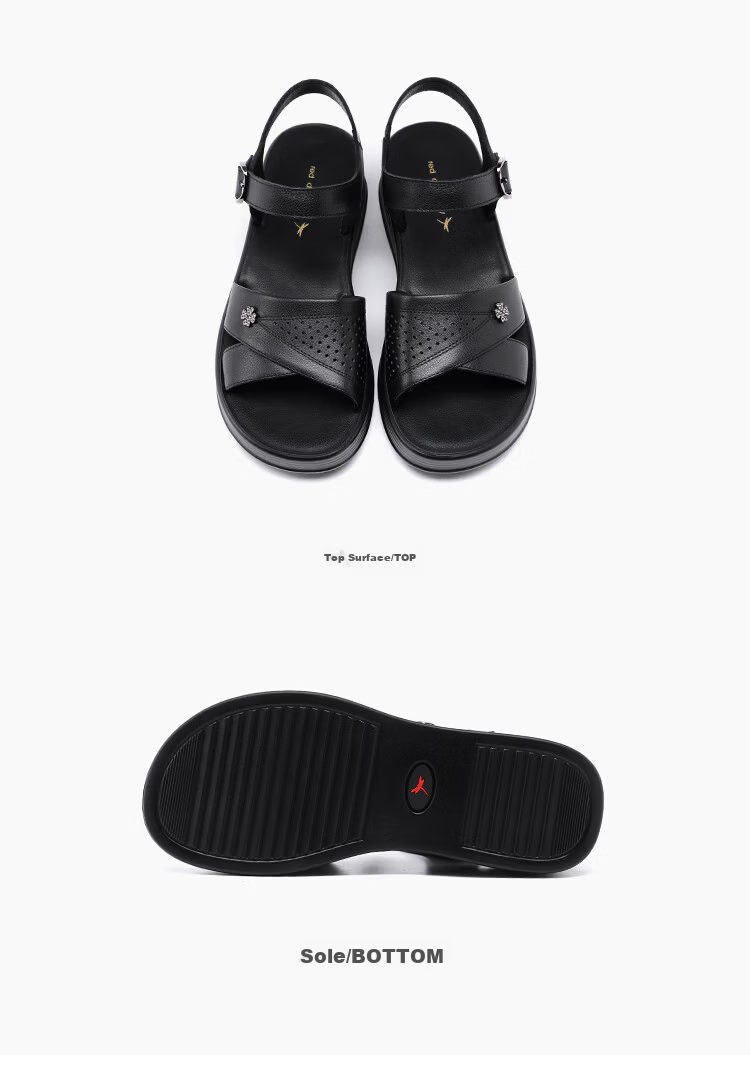Red Dragonfly Women's Summer Sandals Soft Leather Sole Thick Non-Slip Beach Shoes for Middle-aged and Elderly WTK265061 Black Size 35 11