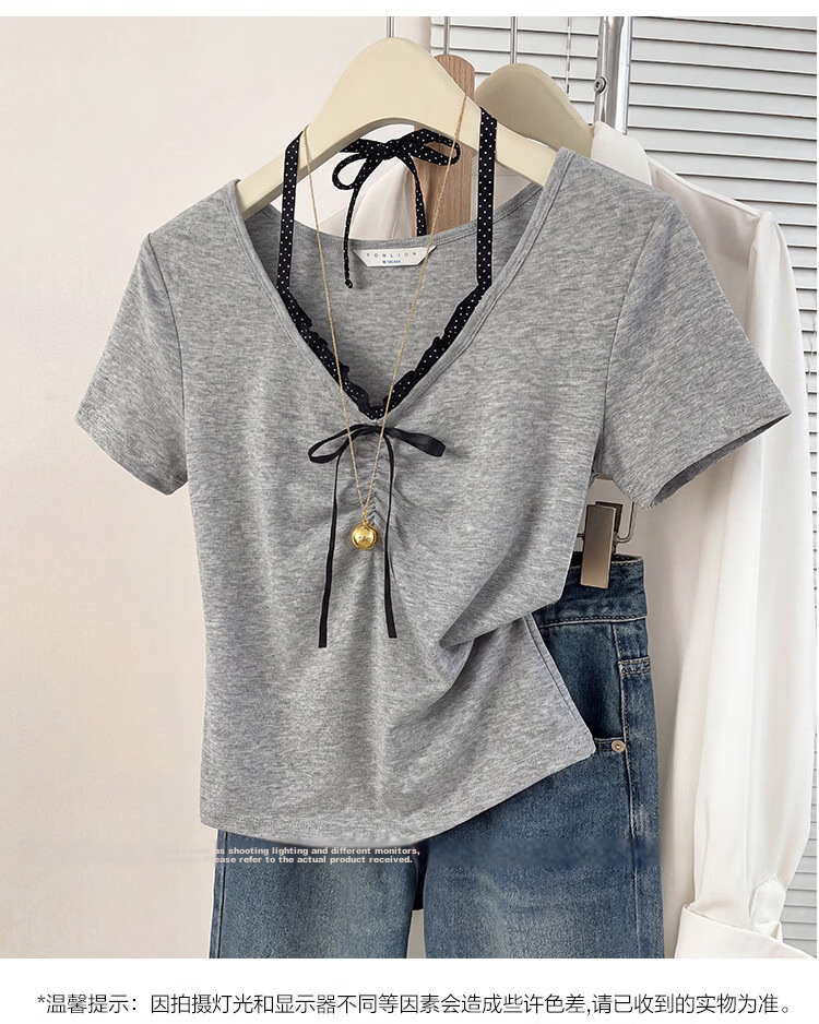 TonLion 2026 Summer Women's Faux Two-Piece Short Sleeve T-Shirt Elegant Fashion Versatile Premium Quality Women's Tee 2