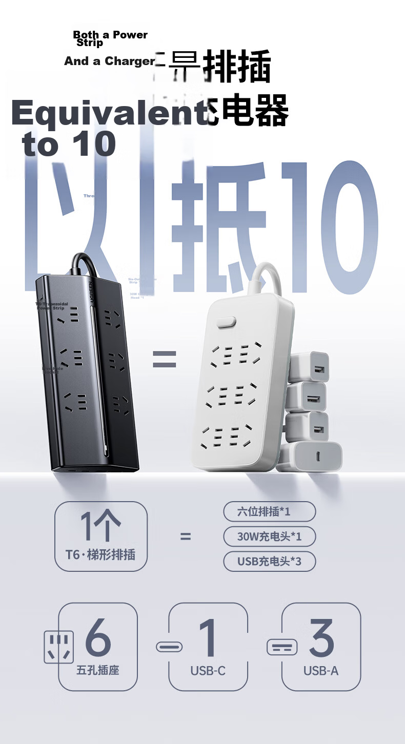 UGREEN T8 Power Strip with USB Socket, 30W GaN Fast Charging Power Board/multifunctional Dorm Desk Charging Station/trapezoid Power Strip 1.5-Meter Extension Cord/applicable for Apple 18 15