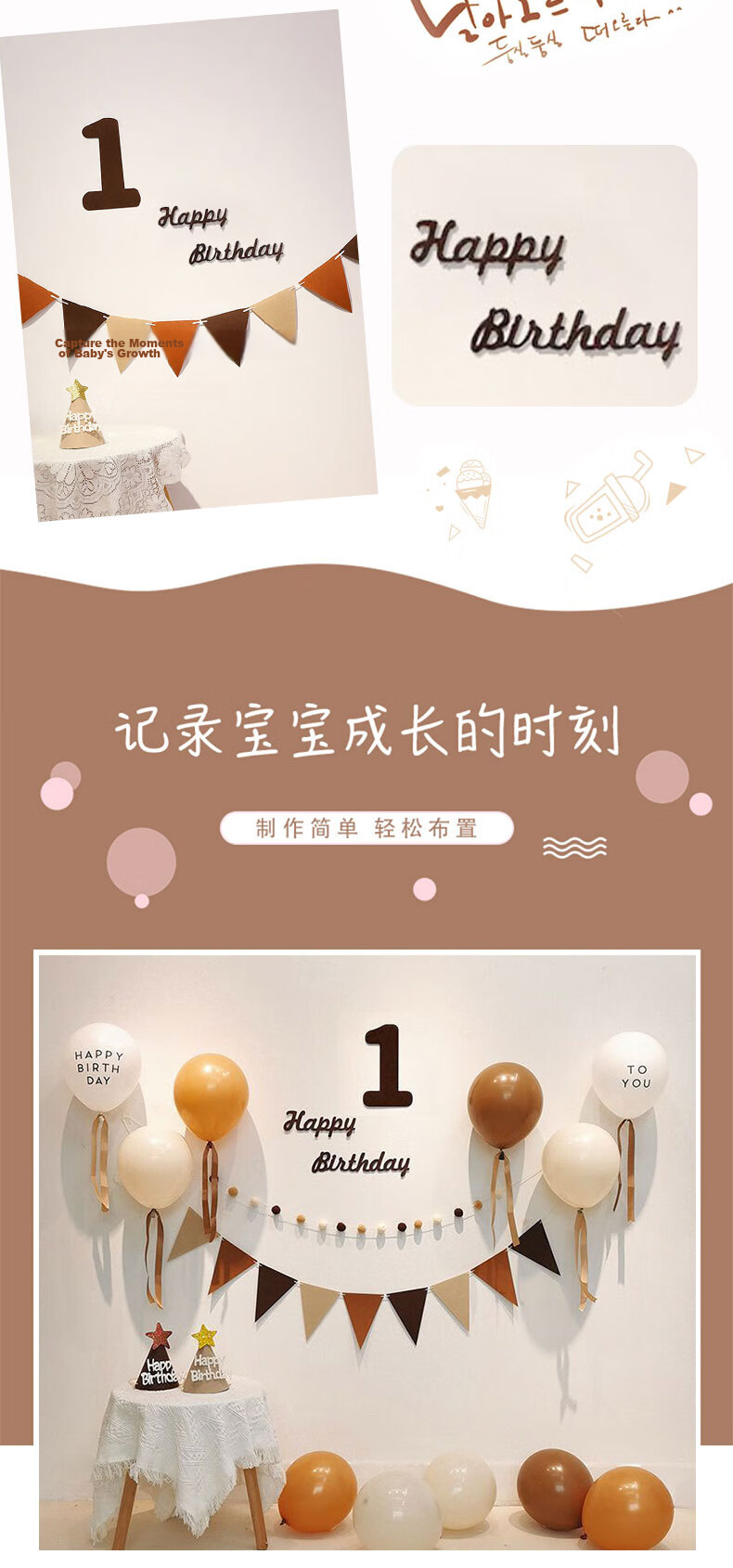 Shiluode Ins Style First Birthday Scene Decoration Backdrop Wall, Girl Children Baby First Birthday Party Balloon Set 3