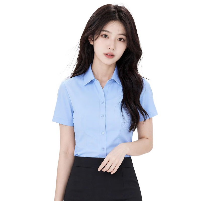 Chaoxu Blue Shirt Women 2026 Summer Small Round Neck Skin-friendly Wrinkle-resistant Non-iron Professional Casual Interview Shirt