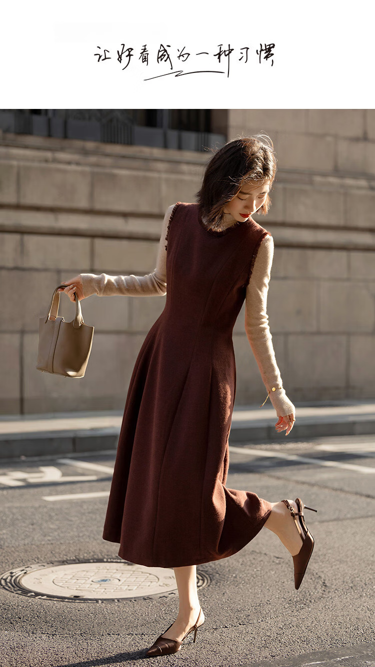 Demana Urban Mirror Winter Warm Textured Wool Sleeveless Waist-Cinched A-Line Dress with Fringed Round Neck 1