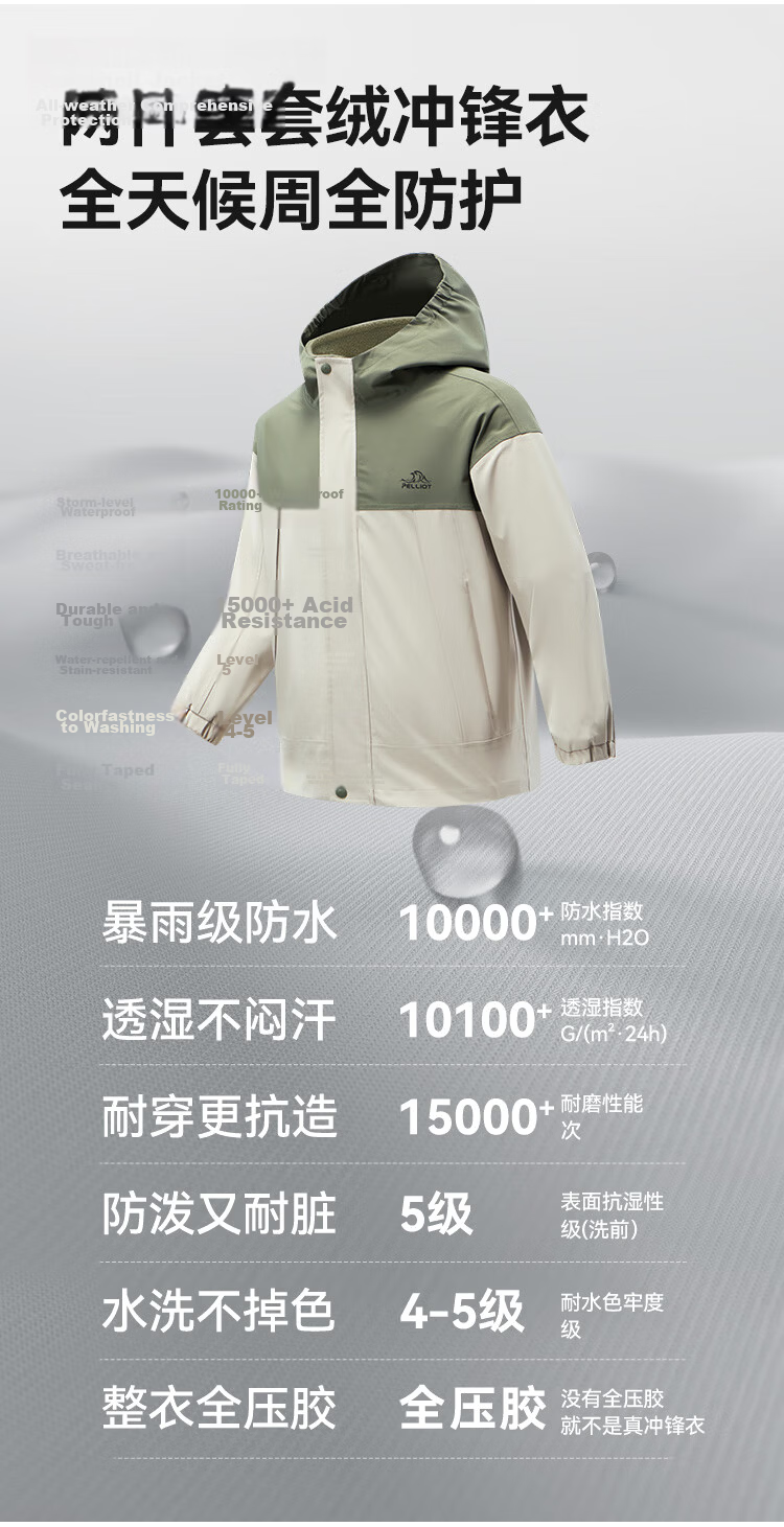Pelliot Outdoor Kids 3-in-1 Windproof Waterproof Spring Summer Jacket Green Gray 120 3