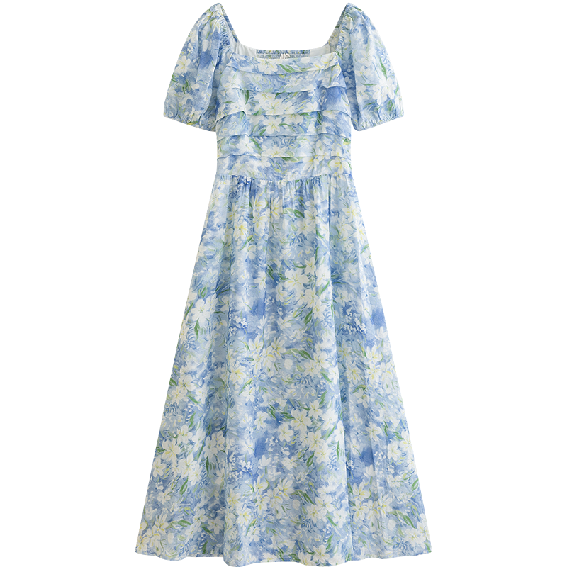 Inman Vacation Style Seaside Print Dress Summer Women's Square Neck Puff Sleeve Waist Cinched Long Dress Glaze Blue S
