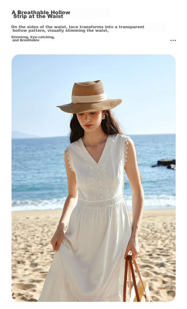 Olrain French Style V-Neck Lace Trim Waist Cinched Sleeveless Vest Dress Long Dress White M 10