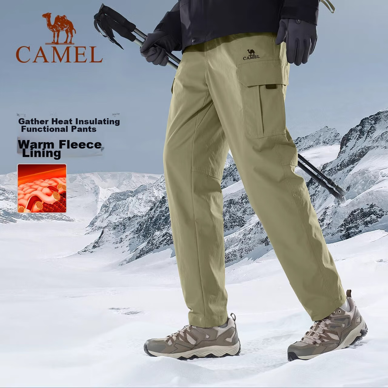 CAMEL Men's Casual Pants, Fleece-Lined Straight-Leg Cargo Pants, Fashionable Versatile Functional Trousers A13CAEO118