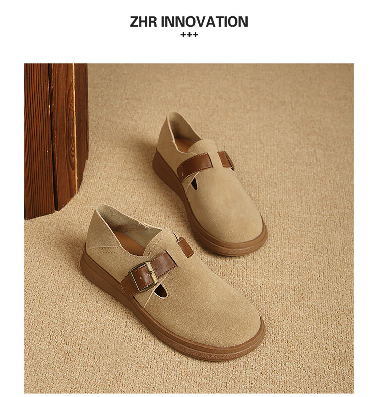 ZHR Women's Single Shoes, Versatile And Simple Soft-Soled Birkenstock-Style Shoes, Comfortable Buckle Women's Shoes, JF20, Apricot Color, Size 38 19