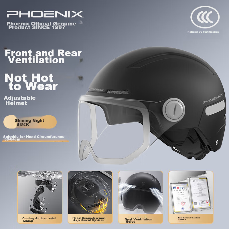 Phoenix Electric Vehicle Helmet Unisex New National Standard 3C Certified Safety Helmet Four Seasons Universal Winter Warm Anti-Fog Electric Scooter Motorcycle Half Helmet Large Size 3C Matte Black + 