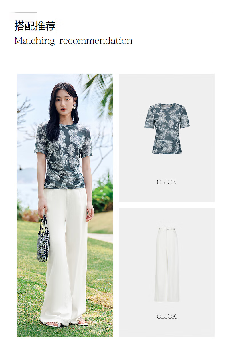 JUZUI AnnaKou Elegant Lace Printed Pleated Round Neck Waist Cinched Tulle Short Sleeve Women's Summer Top Floral Green Gray M 8