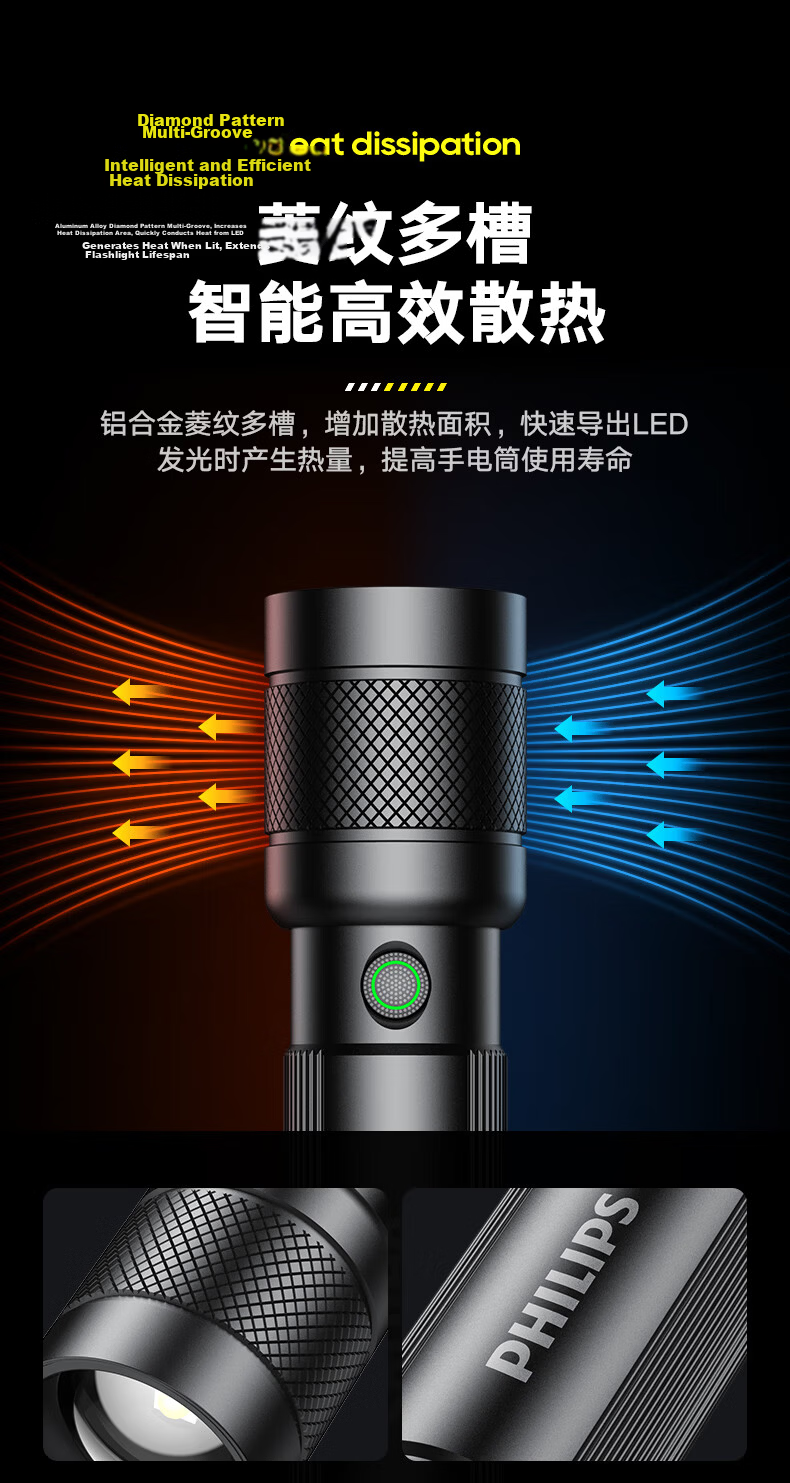 PHILIPS High Brightness Flashlight Portable Mini Rechargeable Outdoor Emergency Light 12