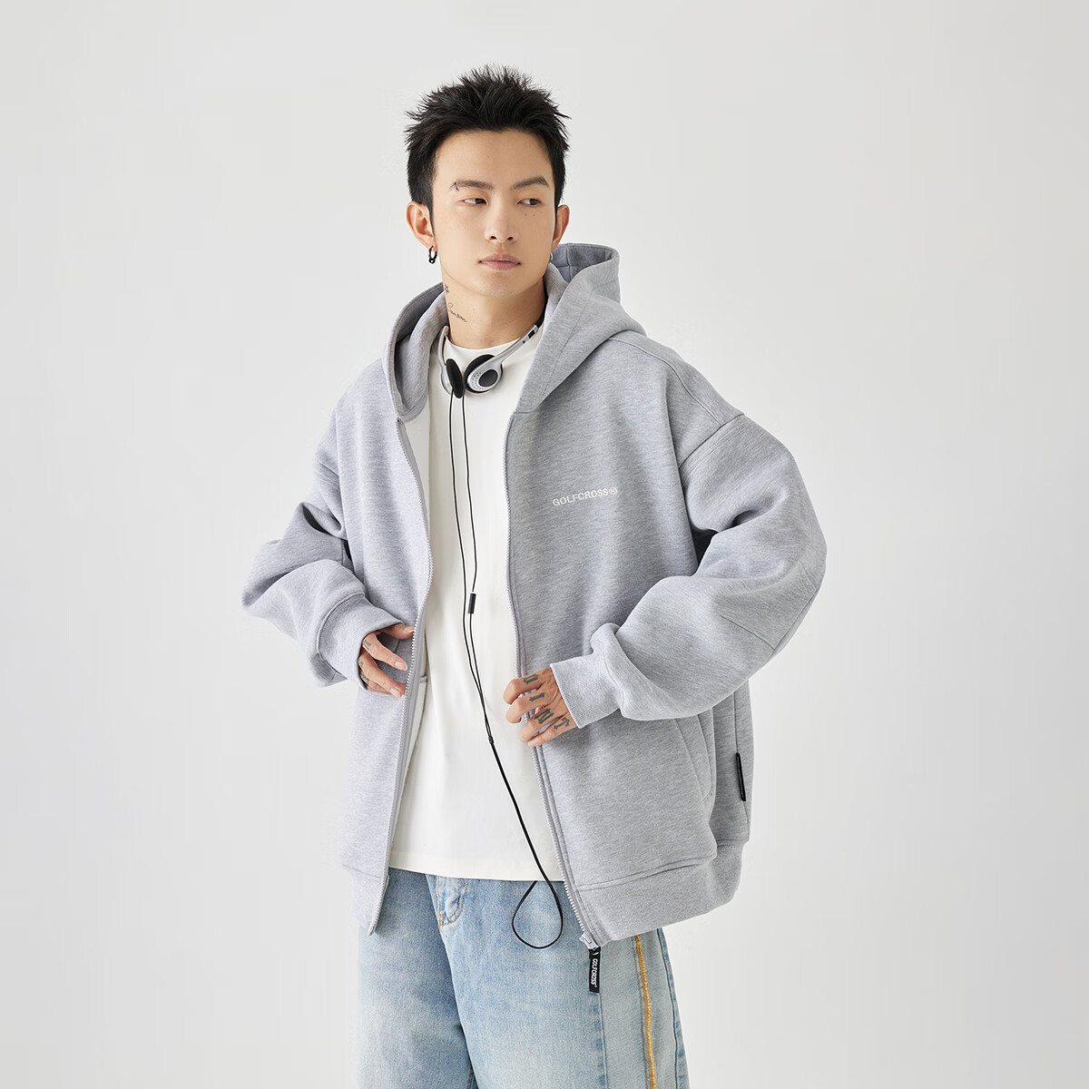 GOLFCROSS Couple's Sweatshirt, Spring And Autumn Letter Embroidery, Loose Hooded Cardigan Jacket, Gray, M