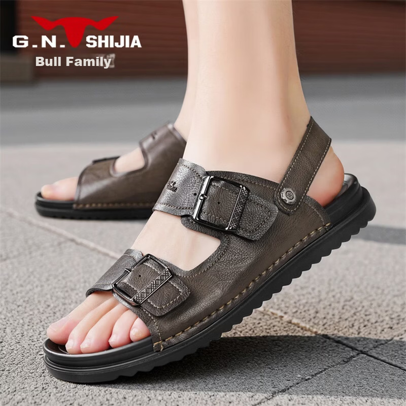 Bull Family Men's Leather Sandals Summer New Casual Outdoor Breathable Beach Shoes Men's Sports Driving Dual-Purpose Slippers