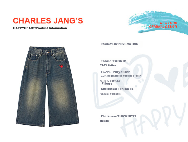Charles Heart American Vintage Gradient Denim Cropped Pants Mid-Waist Loose Draped Wide-Leg Slimming Versatile Shorts Light Blue 2XL 7