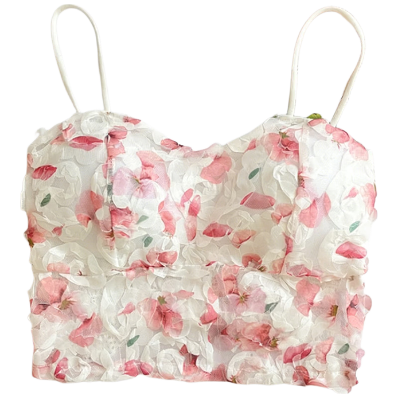 9i9 Rose Print Canvas Strap Back Vest with Chest Pad Anti-Exposure Tube Top Rural Style Ruched Wrap Chest Rose Red S213