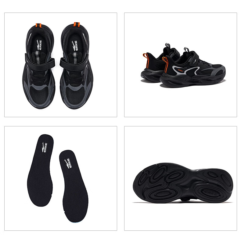 ERKE Kids Casual Shoes Boys and Girls Big Children Leather Mesh Running Shoes Black/Cove Blue/Microcrystalline White Size 33 44