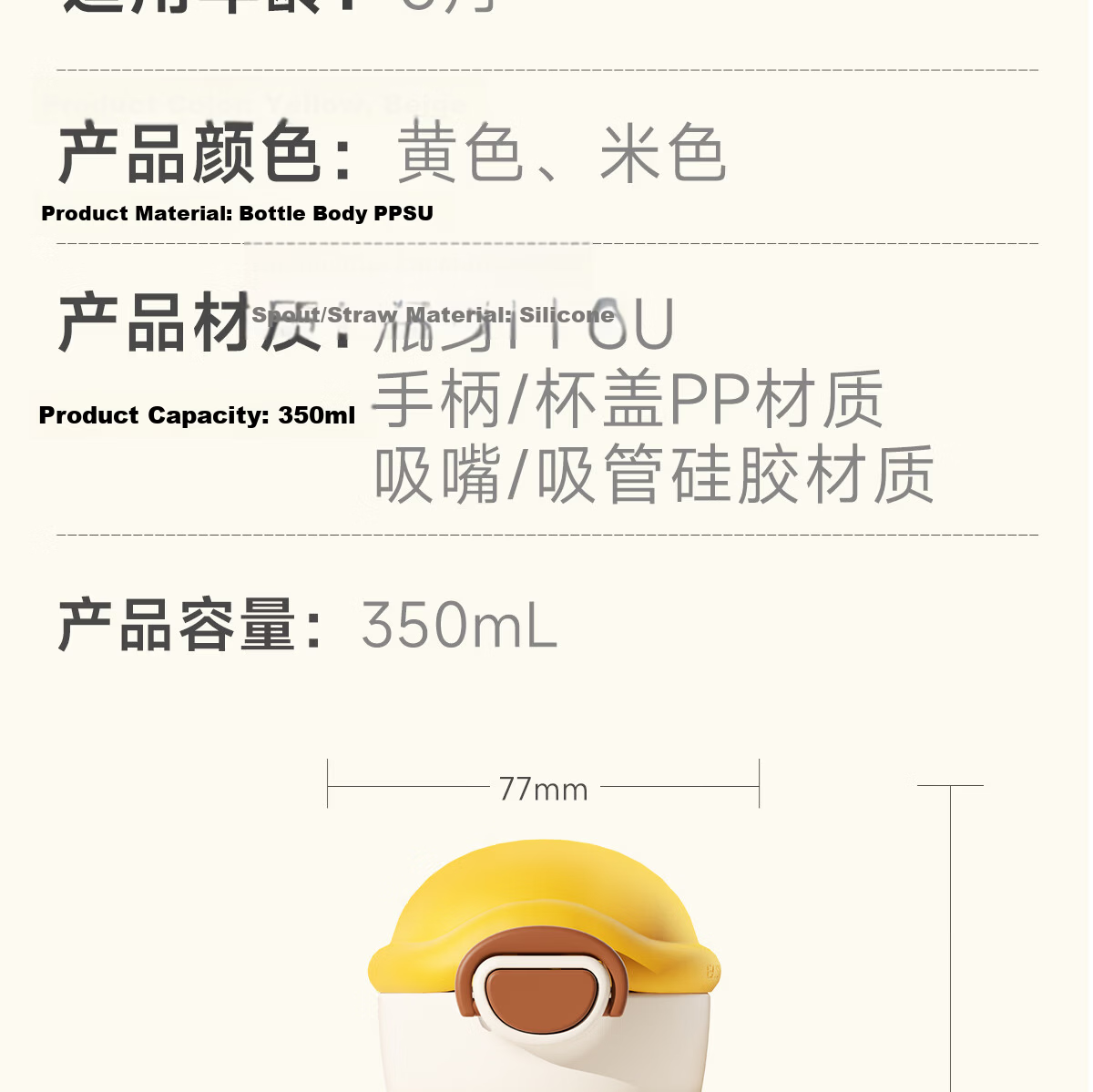 NEVS Baby Straw Cup Infant Training Cup for 6+ Months Children PPSU Water Bottle with Handle 350ml - Mongge Yellow 29