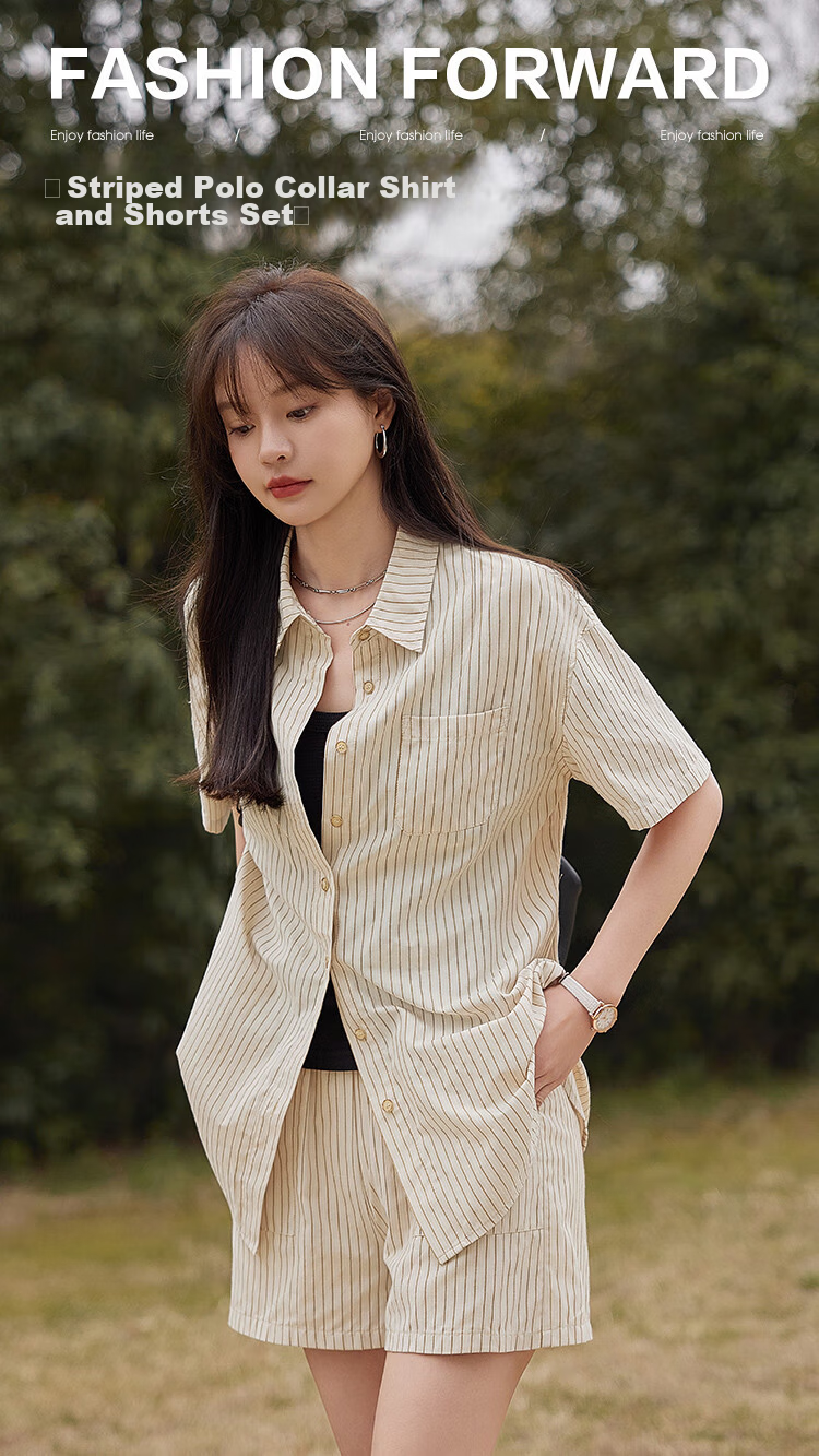 MT Casual Street Style Summer Simple Striped Polo Short Sleeve Shirt with Elastic Large Patch Pocket Shorts Set 1
