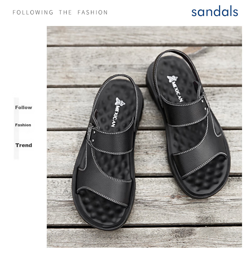 MEXICAN Men's First Layer Cowhide Sandals Beach Slip-On Hollow Out Shoes Black Size 44 20