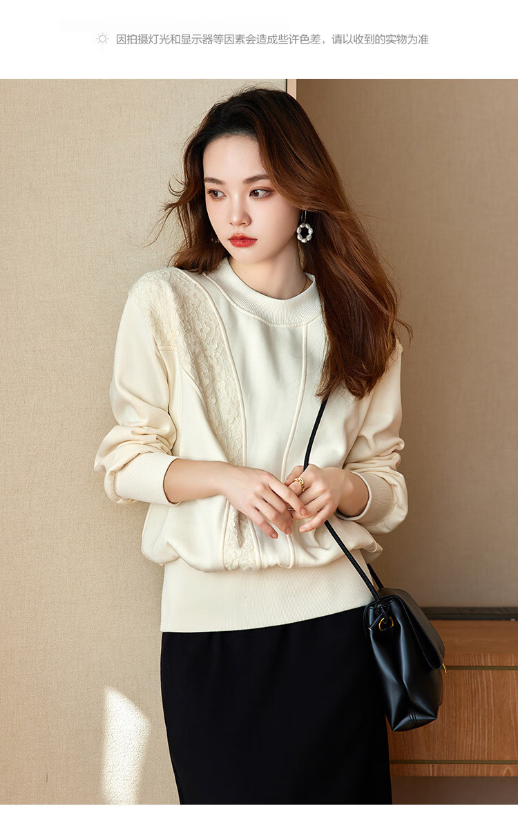 MT Lace Splice Spring Urban Casual Round Neck Pullover Long Sleeve Sweatshirt for Women 6