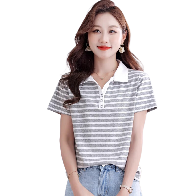 Woodpecker Pure Cotton Polo Collar Shoulder Short Sleeve T-Shirt Women Summer Striped Polo Shirt Loose Plus Size Casual Top Gray 4XL