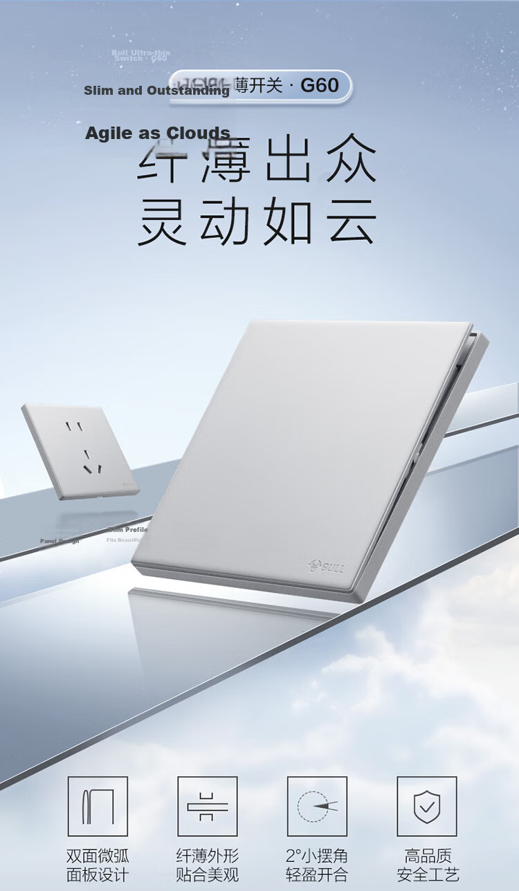 BULL G60 Series 10A Angled Five-Hole Ultra-Thin Socket Panel G60Z223A Space Silver 1