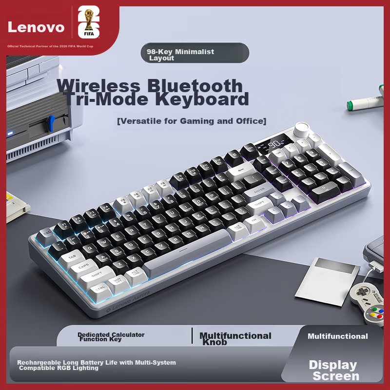 Lenovo GK10 Lite 98W Wireless Bluetooth Tri-Mode Keyboard Mechanical Feel RGB Gaming Office Silent Keyboard Aurora Series 98-Key Black and White Color Scheme