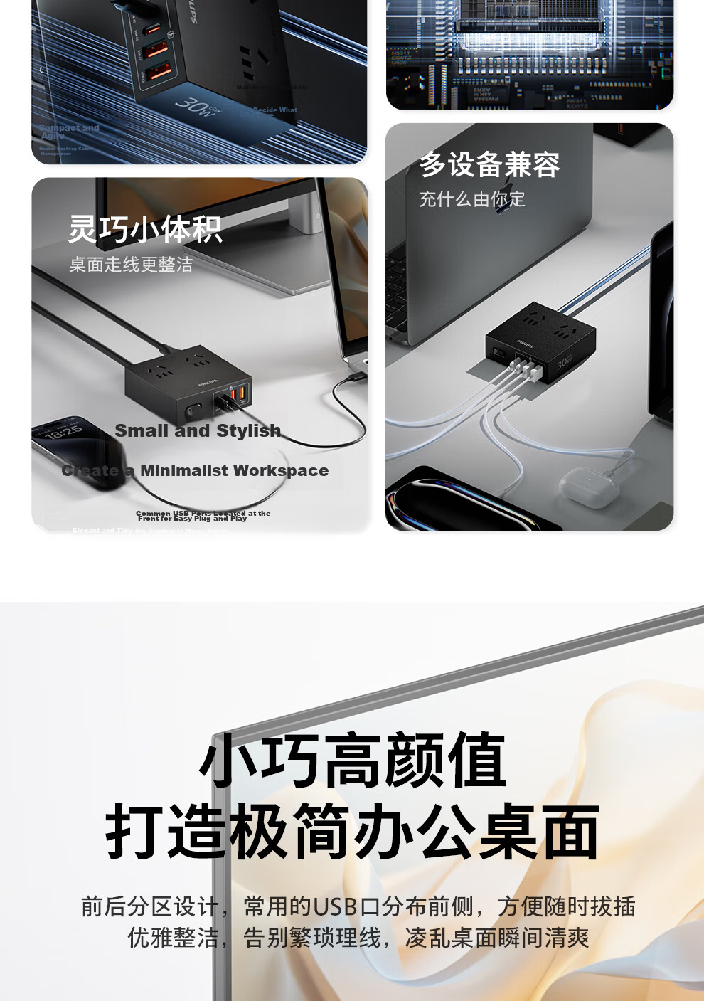 PHILIPS Fast Charging Socket with USB GaN Desktop Charging Station Power Strip Extension Socket Converter 30W Mini Magic Box 3