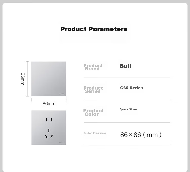 BULL G60 Series 10A Angled Five-Hole Ultra-Thin Socket Panel G60Z223A Space Silver 19