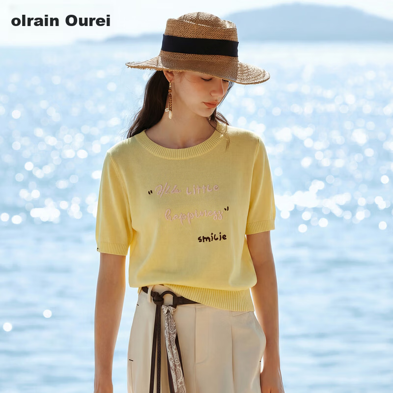 Olrain Summer New Short 3D Letter Embroidered Crew Neck Short Sleeve Knit Top for Women Yellow S