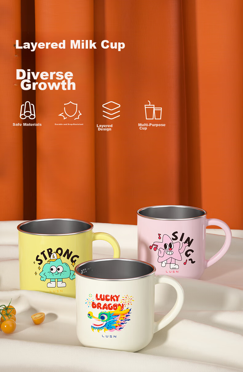 LUSN Children's Milk Cup with Scale, Household Open-Top 316L Stainless Steel Baby Straw Cup, Training Cup, Drinking Cup 1