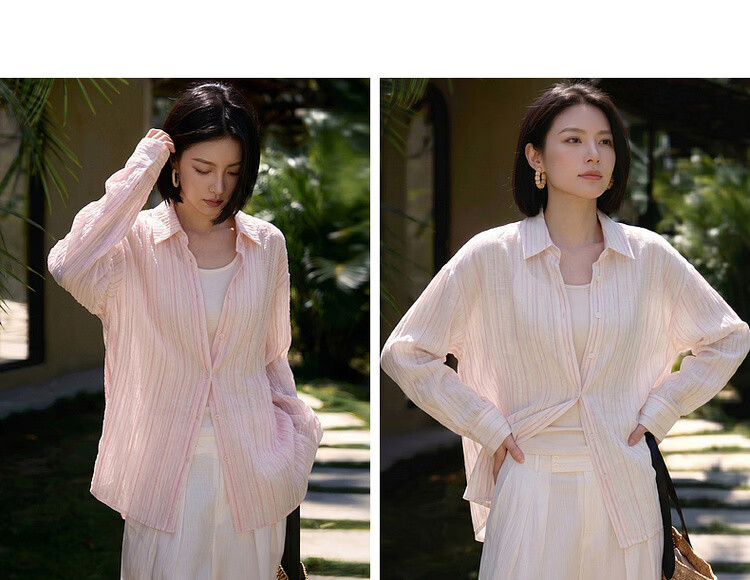 Dme [Lightweight Lyocell] Autumn Lightweight Commuter Striped Textured Lapel Long-Sleeve Loose Draping Women's Shirt for Layering 15