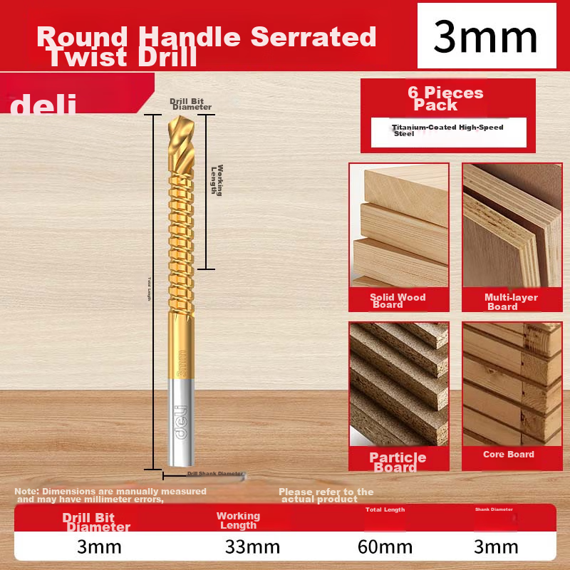Deli Multifunctional Serrated Twist Drill 3-in-1 Saw Drill Carving Punch Slotting Serrated Woodworking Drill Bits 3mm 6pcs