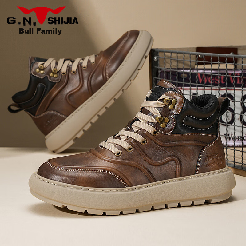 Bull Family Martin Boots Men Autumn Winter British Style High-top Work Shoes Vintage Durable Leather Outdoor Hiking Boots for Men