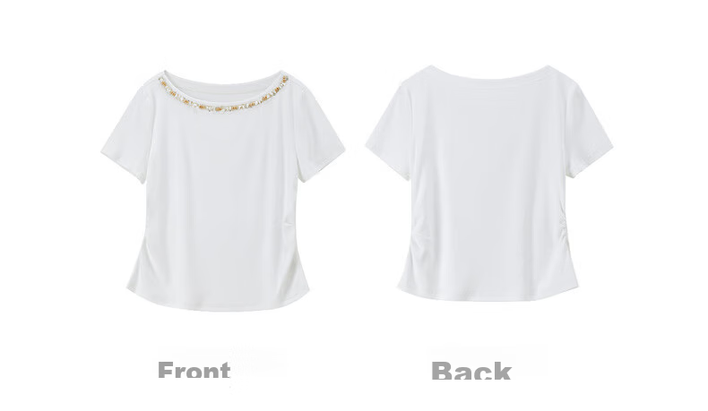 Shangdu Bila Korean Style Elegant Cotton Blend T-Shirt Women Summer Beaded Lace Round Neck Knit Top Slim Fit Short Sleeve Inner Wear 39