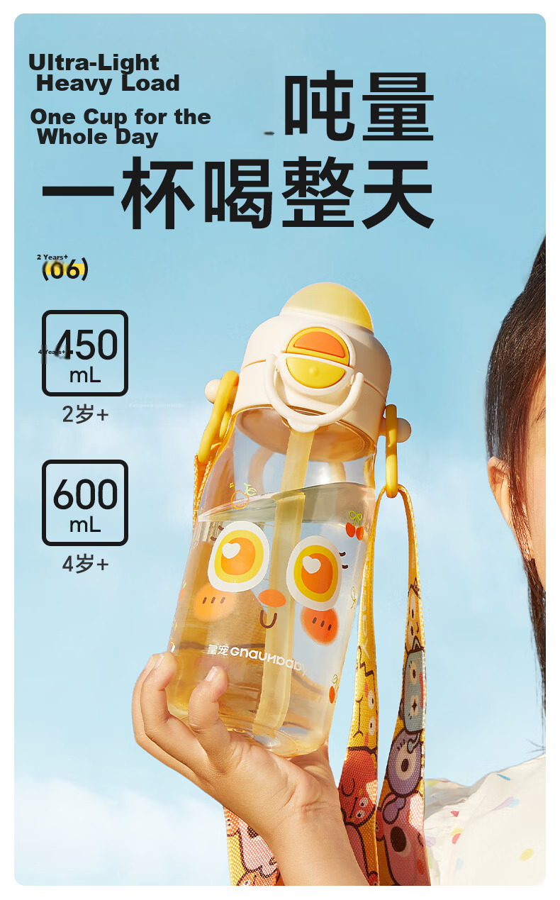 Huang Chong Big-Eyed Cute Children's Water Bottle Summer School Drinking Cup PPSU Direct Drinking Straw Cup Starry Sea Voyage 450ml + Strap 13