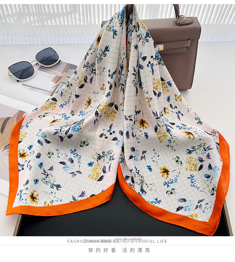 GLO-STORY Scarf and Scarf Buckle Set 70cm French Elegant Small Floral Print Square Scarf Gift Box 11