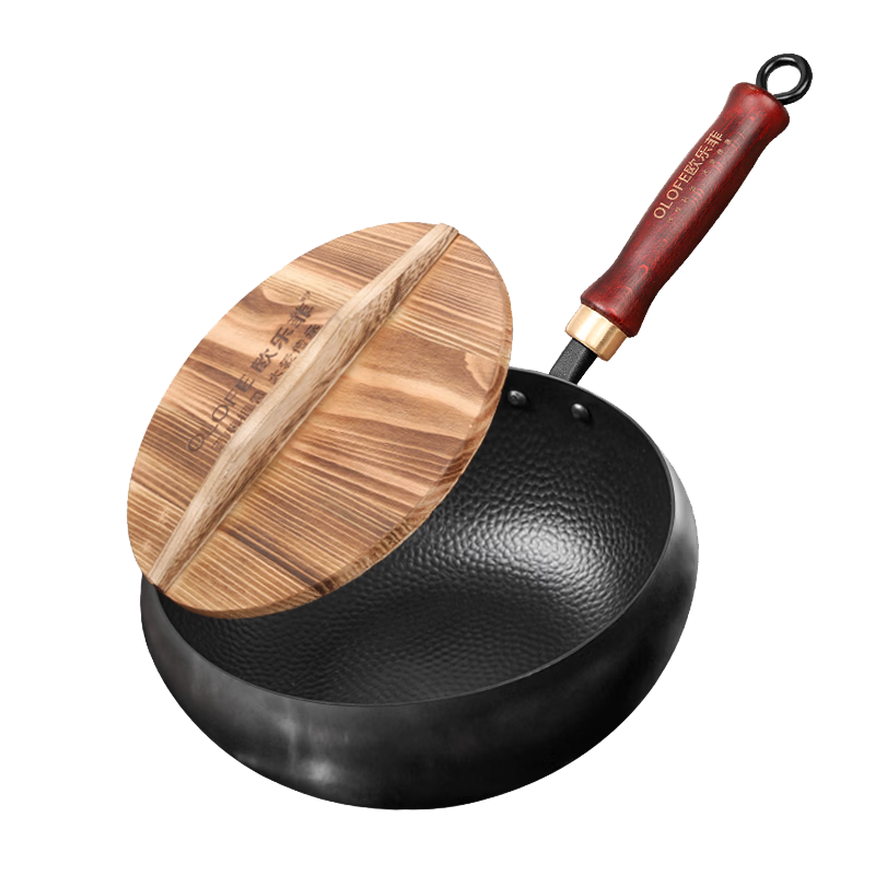 OLOFE Zhangqiu Hand-Forged Small Iron Wok, Large Belly, Non-Coated Stir-Fry Pan, Round Belly Small Hammer Iron Wok, Black Beauty Large Belly Black Iron Wok, 26cm