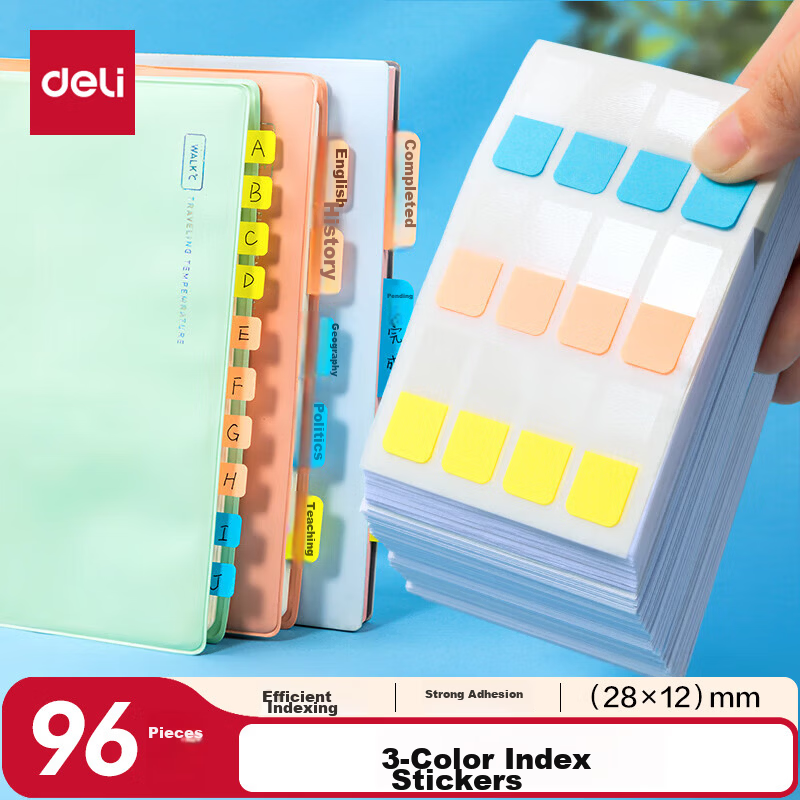 Deli 96pcs 3-Color Index Tabs Sticky Notes 28x12mm 25905