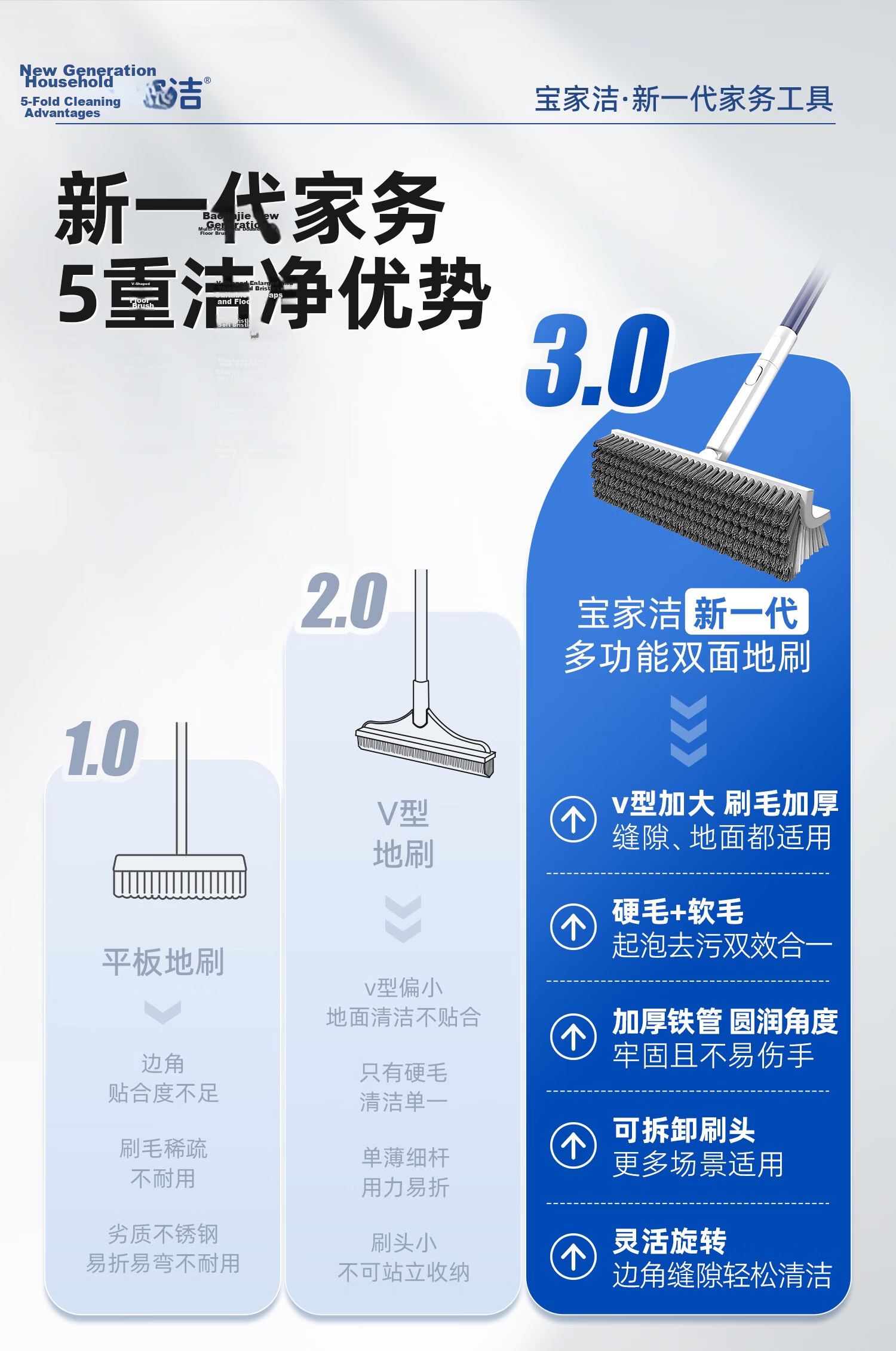 Baojiajie Multi-Function Long Handle Hard Bristle Scraper Floor Brush Bathroom Carpet Cleaning Brush Toilet Tile Brush 3