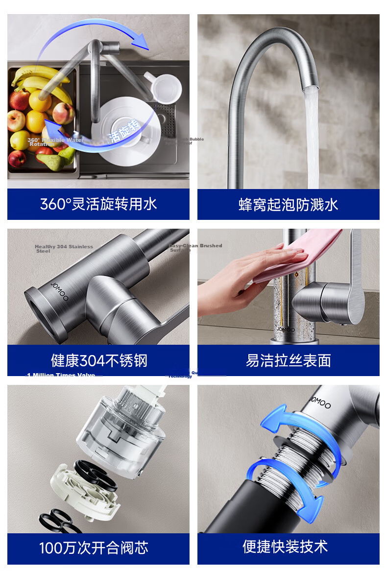 JOMOO Kitchen Faucet 304 Stainless Steel 360° Rotatable Dual Control Hot and Cold Tap 33221-748/7B-Z 2