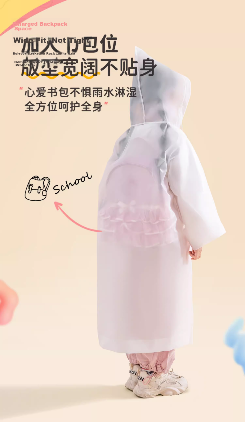 BADIGAO Disposable Raincoat Kids One-Piece Full Body Thickened Large Transparent Anti-Rain Portable Backpack Essential for School 6