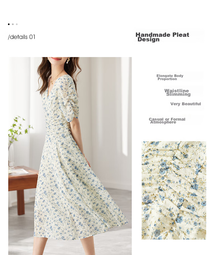 Sentubila Summer French Floral Print Dress, Puff Sleeve Tea Break Dress, Elegant Goddess Style Skirt, Apricot Base with Blue Flowers, M Size 3