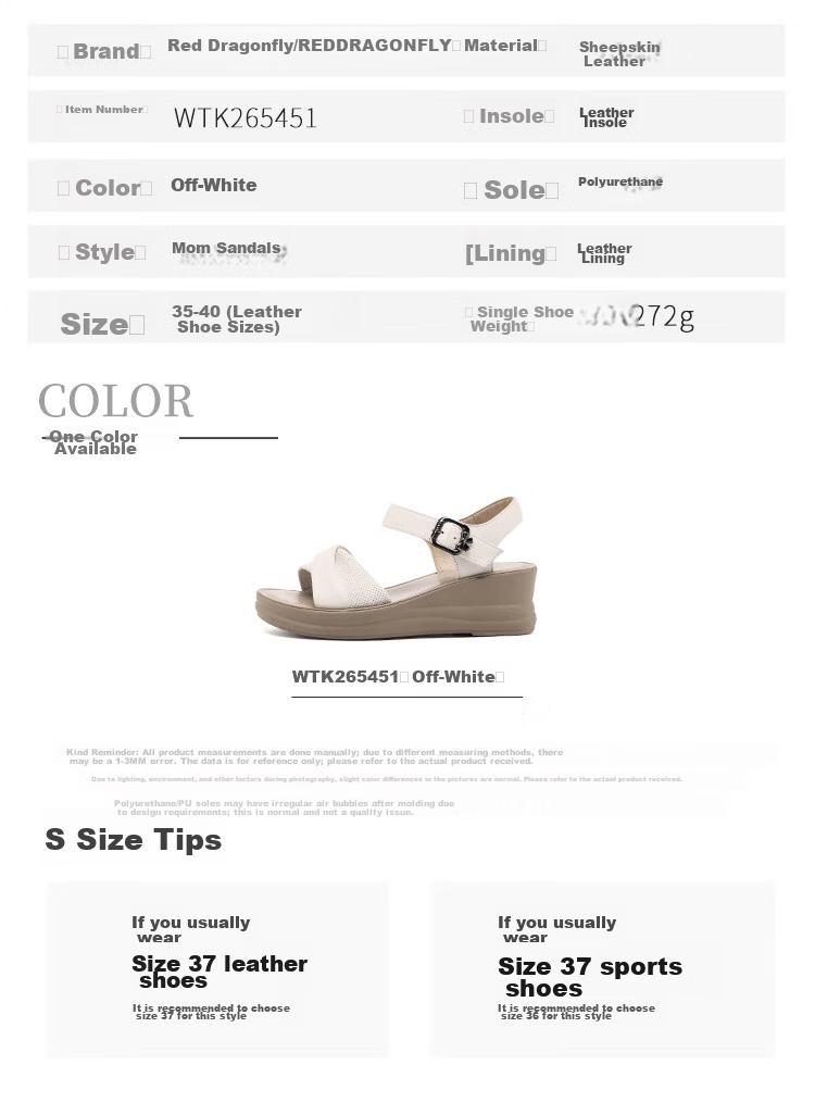 Red Dragonfly Women's Wedge Sandals Open Toe Soft Sole Casual Anti-Slip Middle-Aged and Elderly Shoes WTK265451 Off-White Size 38 10